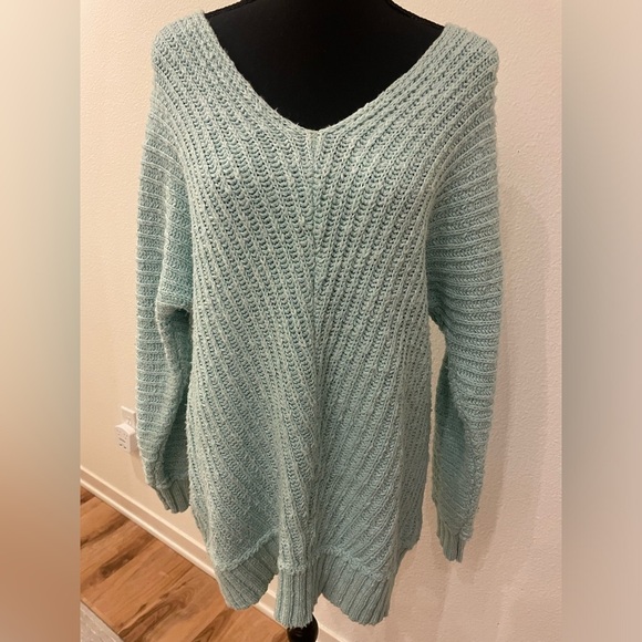 Free People Sunset V-Neck Cotton Sea Sky Blue Sweater - Size XS - Picture 6 of 7